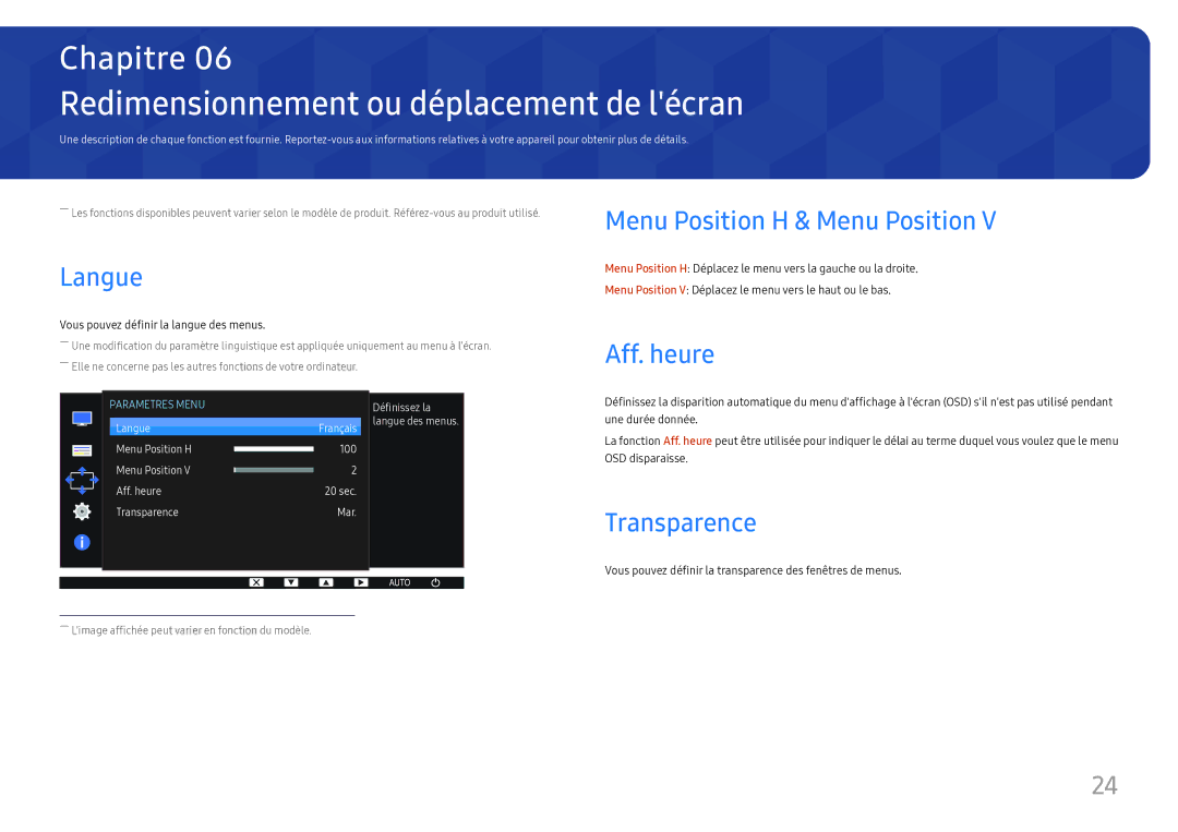 Samsung LS24D330HSX/EN Redimensionnement ou déplacement de lécran, Langue, Menu Position H & Menu Position, Aff. heure 