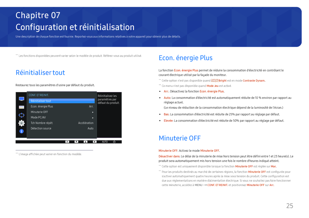 Samsung LS24D330HSX/EN manual Configuration et réinitialisation, Réinitialiser tout, Econ. énergie Plus, Minuterie OFF 