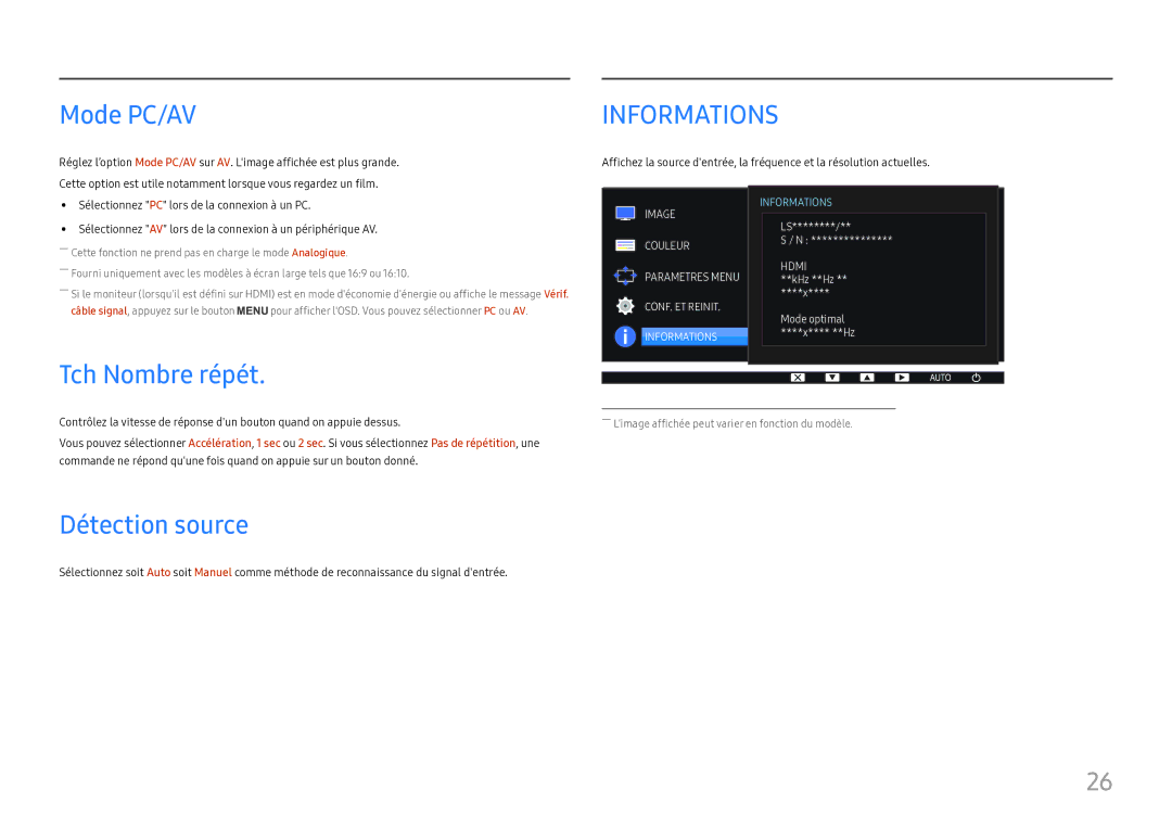 Samsung LS24D330HSX/EN manual Mode PC/AV, Tch Nombre répét, Détection source 