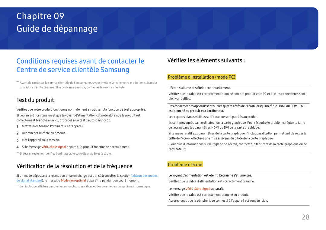 Samsung LS24D330HSX/EN manual Guide de dépannage, Test du produit, Vérifiez les éléments suivants 