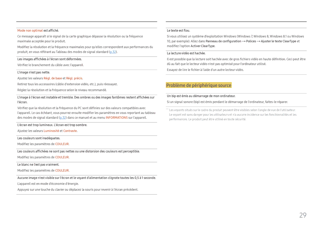 Samsung LS24D330HSX/EN manual Mode non optimal est affiché, Ajustez les valeurs Régl. de base et Régl. précis 