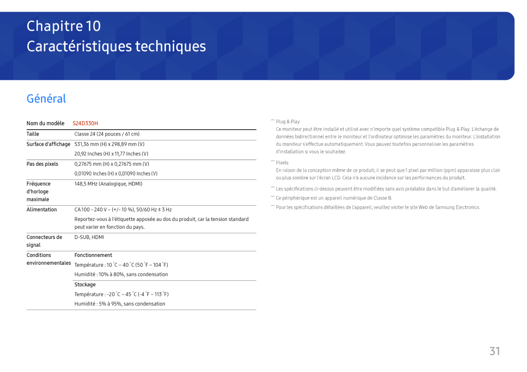 Samsung LS24D330HSX/EN manual Caractéristiques techniques, Général 