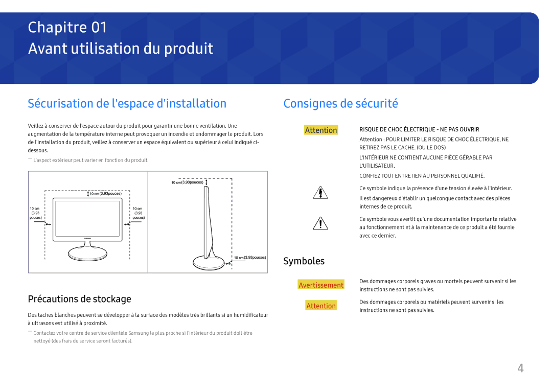 Samsung LS24D330HSX/EN manual Avant utilisation du produit, Sécurisation de lespace dinstallation, Consignes de sécurité 