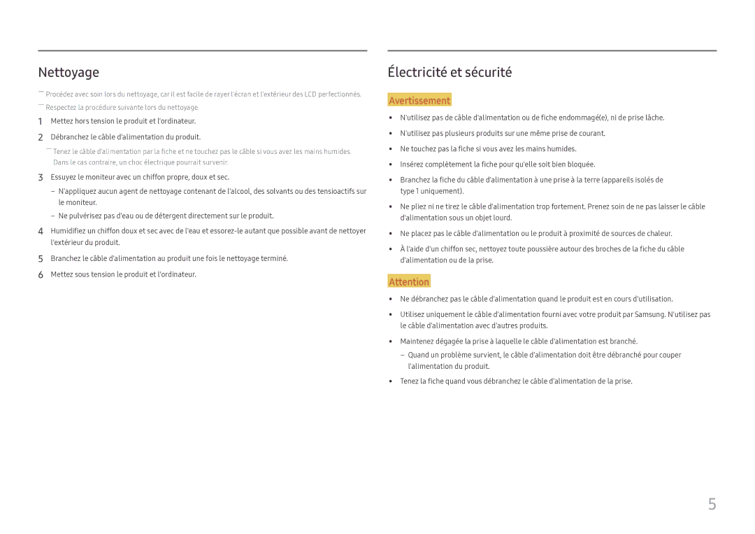 Samsung LS24D330HSX/EN manual Nettoyage, Électricité et sécurité 