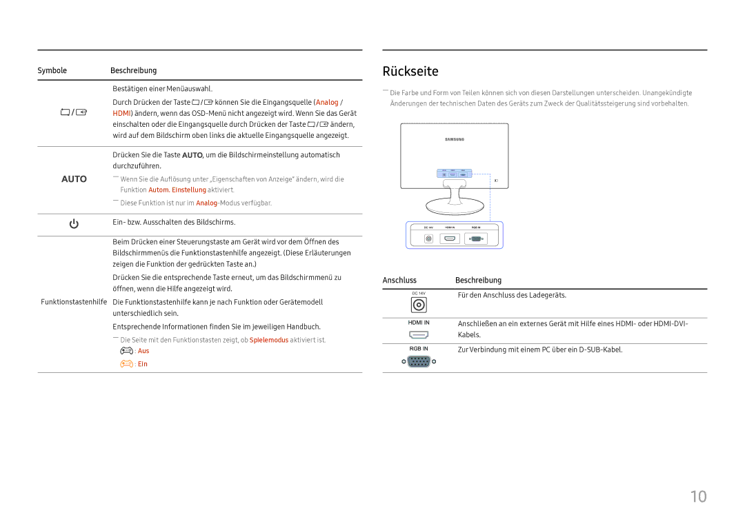 Samsung LS24D330HSX/EN manual Rückseite, Bestätigen einer Menüauswahl 