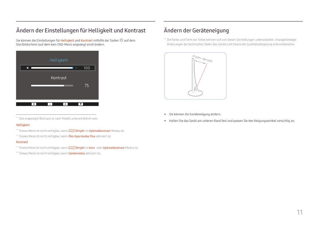 Samsung LS24D330HSX/EN manual Ändern der Einstellungen für Helligkeit und Kontrast, Ändern der Geräteneigung 