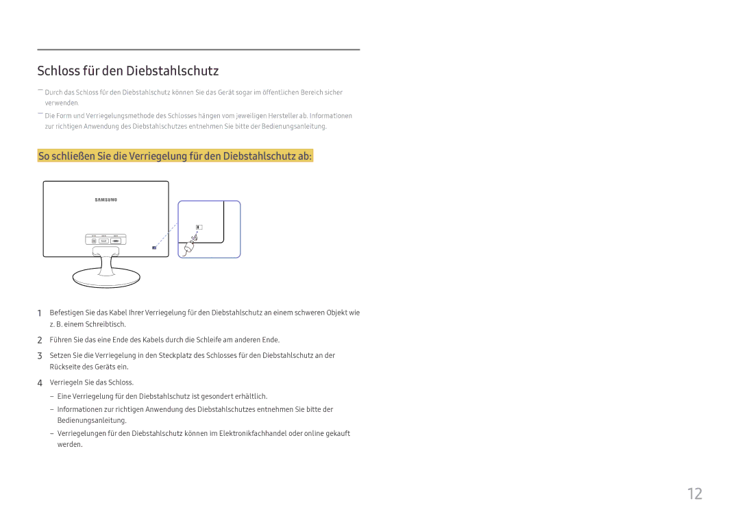 Samsung LS24D330HSX/EN manual Schloss für den Diebstahlschutz 