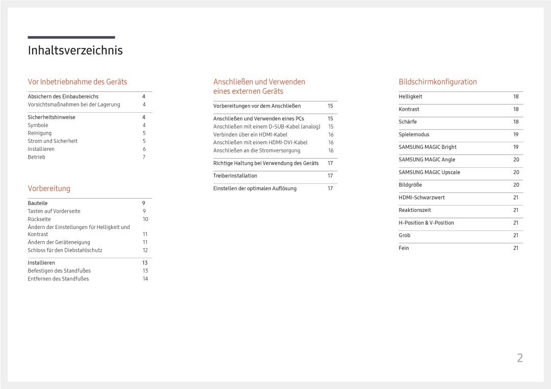 Samsung LS24D330HSX/EN manual Inhaltsverzeichnis 