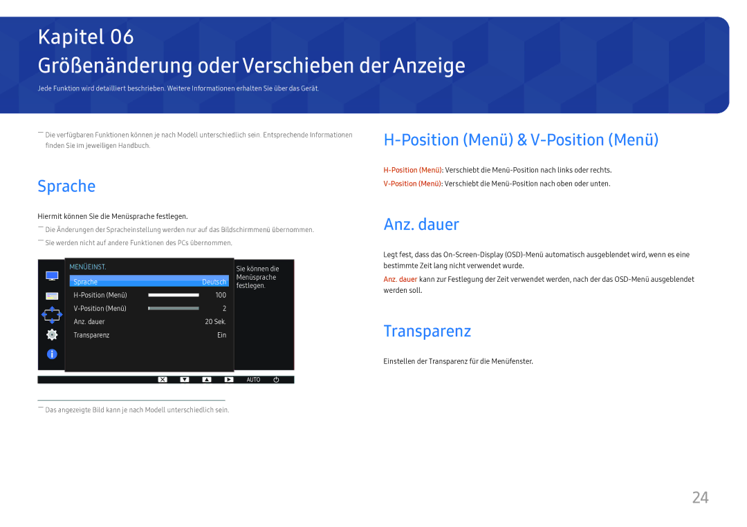 Samsung LS24D330HSX/EN manual Größenänderung oder Verschieben der Anzeige, Sprache, Anz. dauer, Transparenz 