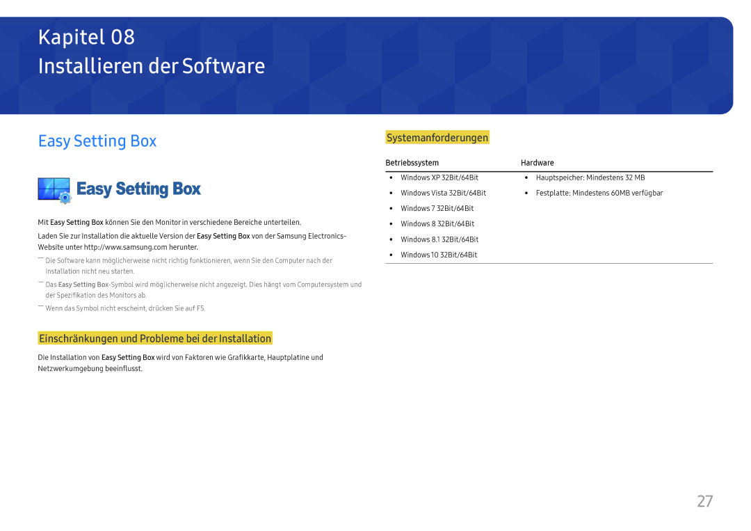 Samsung LS24D330HSX/EN manual Installieren der Software, Easy Setting Box 