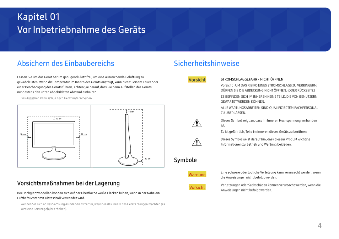 Samsung LS24D330HSX/EN manual Vor Inbetriebnahme des Geräts, Absichern des Einbaubereichs, Sicherheitshinweise, Symbole 