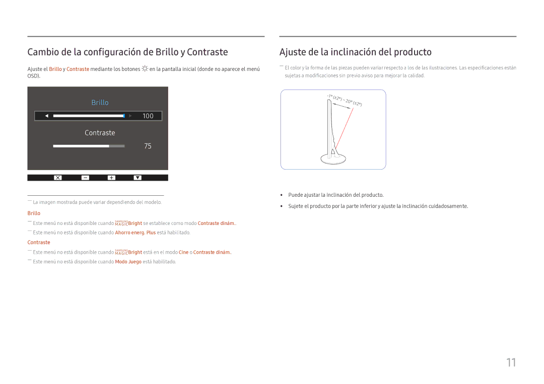 Samsung LS24D330HSX/EN manual Cambio de la configuración de Brillo y Contraste, Ajuste de la inclinación del producto 