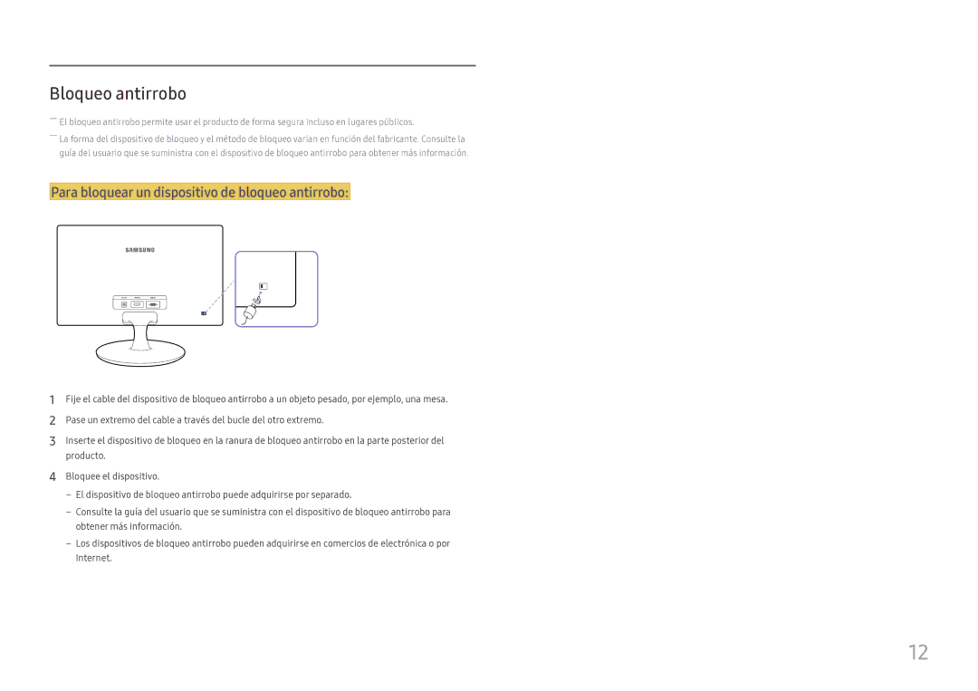 Samsung LS24D330HSX/EN manual Bloqueo antirrobo, Para bloquear un dispositivo de bloqueo antirrobo 