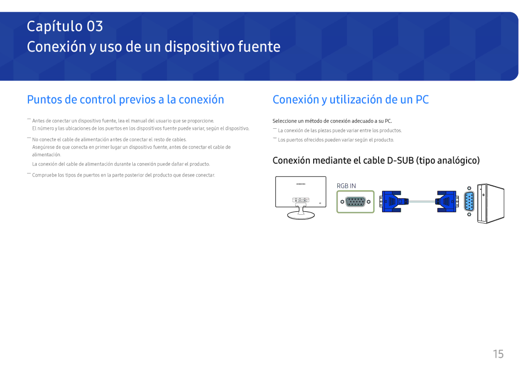 Samsung LS24D330HSX/EN manual Conexión y uso de un dispositivo fuente, Puntos de control previos a la conexión 