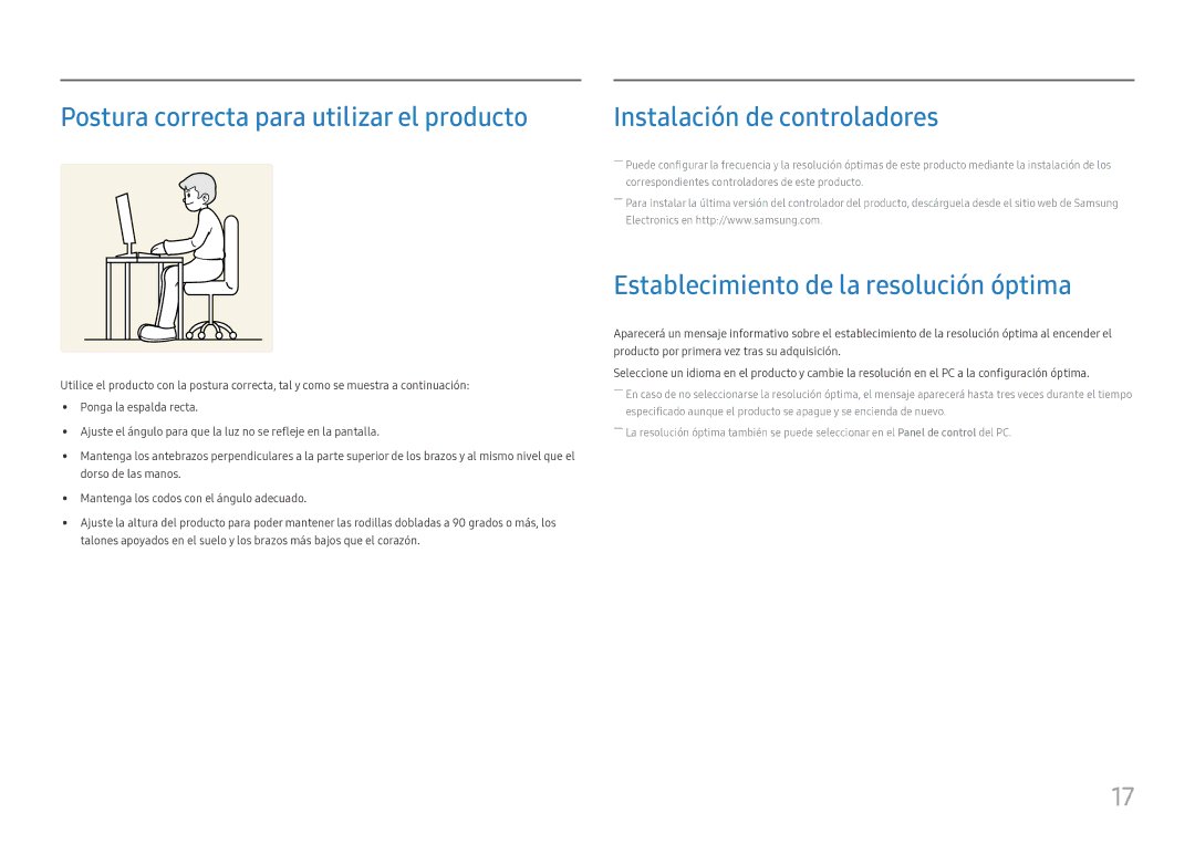 Samsung LS24D330HSX/EN manual Postura correcta para utilizar el producto, Establecimiento de la resolución óptima 