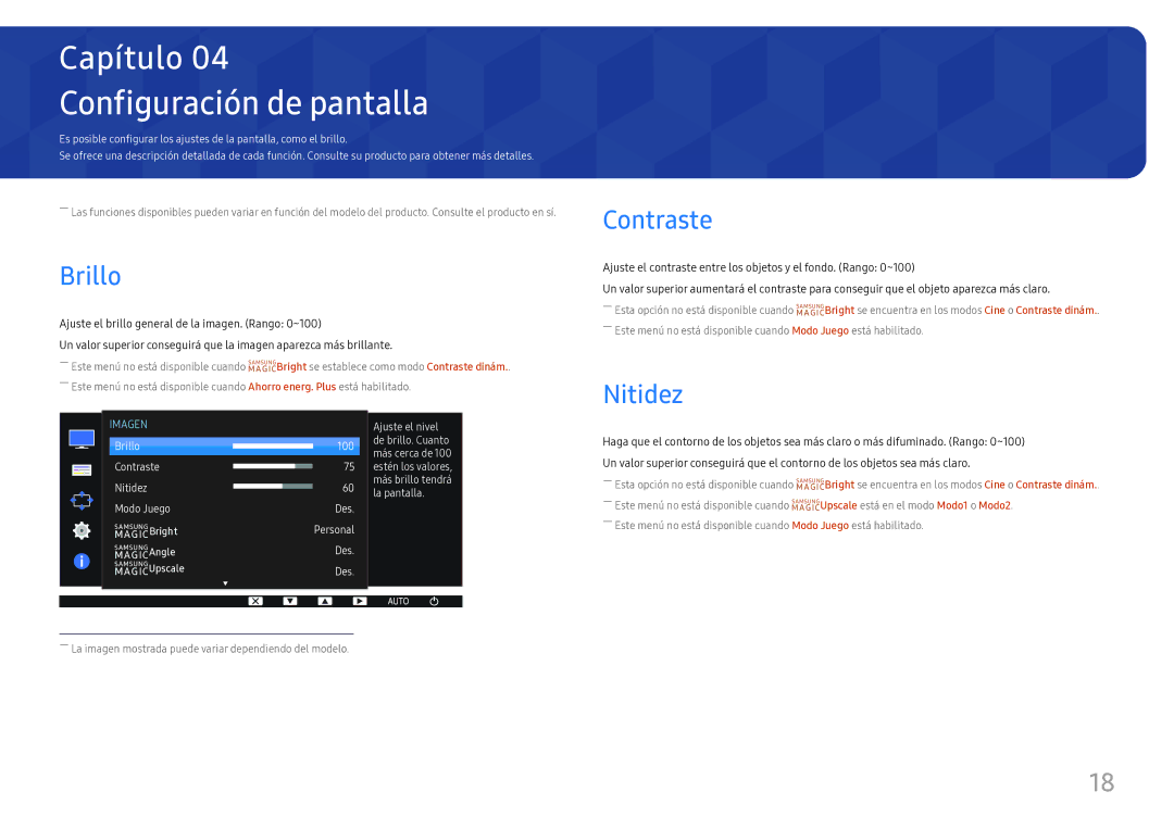 Samsung LS24D330HSX/EN manual Configuración de pantalla, Brillo, Contraste, Nitidez 