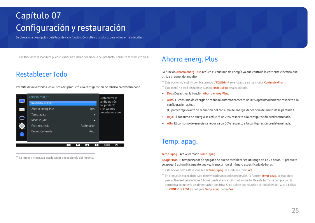 Samsung LS24D330HSX/EN manual Configuración y restauración, Restablecer Todo, Ahorro energ. Plus, Temp. apag 