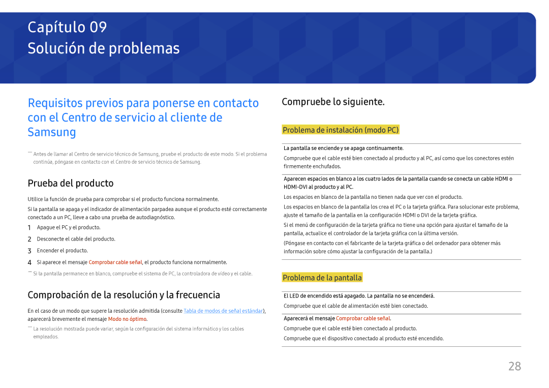 Samsung LS24D330HSX/EN manual Solución de problemas, Prueba del producto, Comprobación de la resolución y la frecuencia 