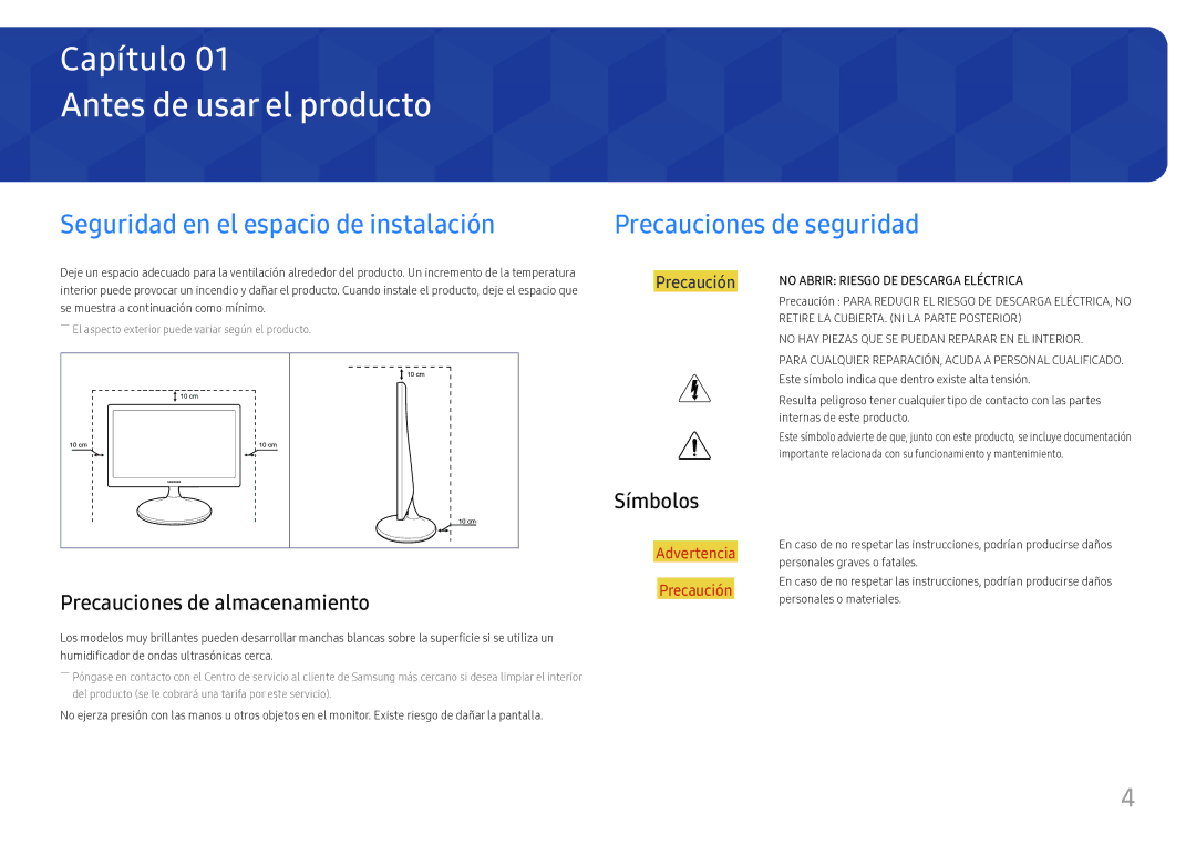 Samsung LS24D330HSX/EN manual Antes de usar el producto, Seguridad en el espacio de instalación, Precauciones de seguridad 