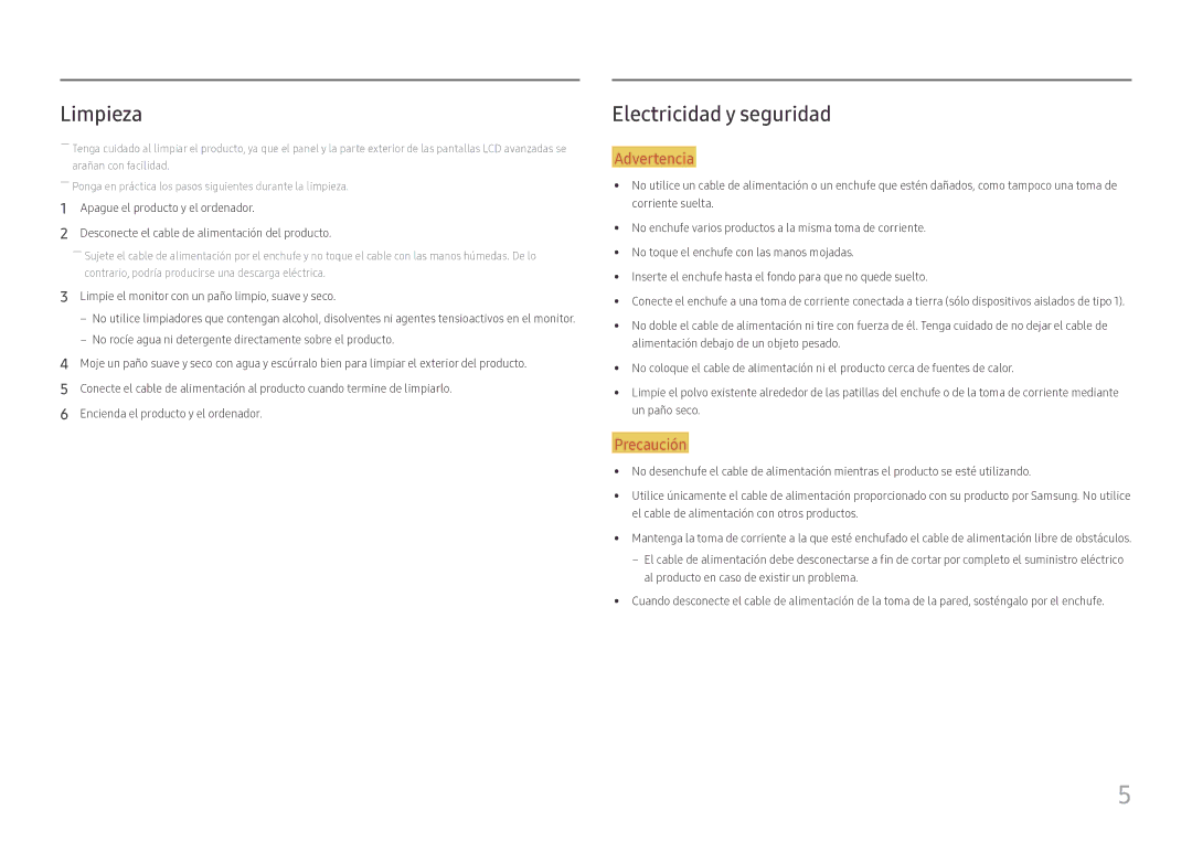 Samsung LS24D330HSX/EN manual Limpieza, Electricidad y seguridad 