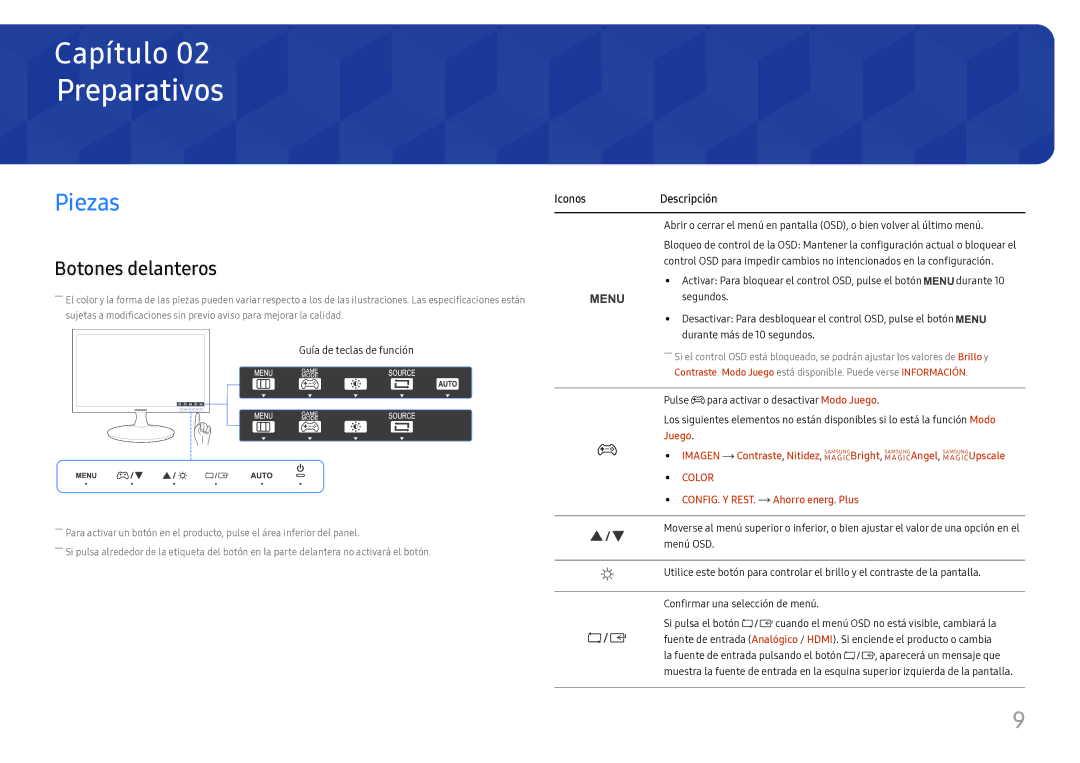 Samsung LS24D330HSX/EN manual Preparativos, Piezas, Botones delanteros 