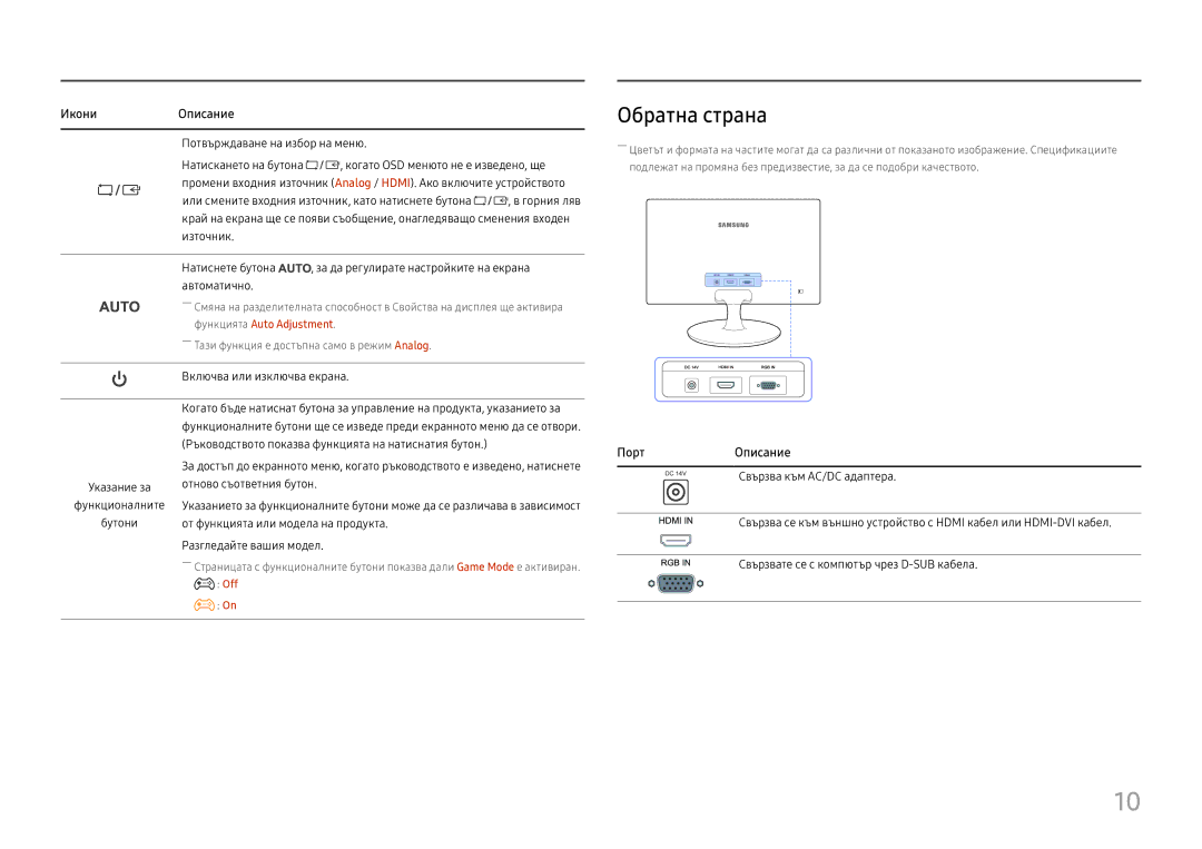 Samsung LS24D330HSX/EN manual Обратна страна, Функцията Auto Adjustment 