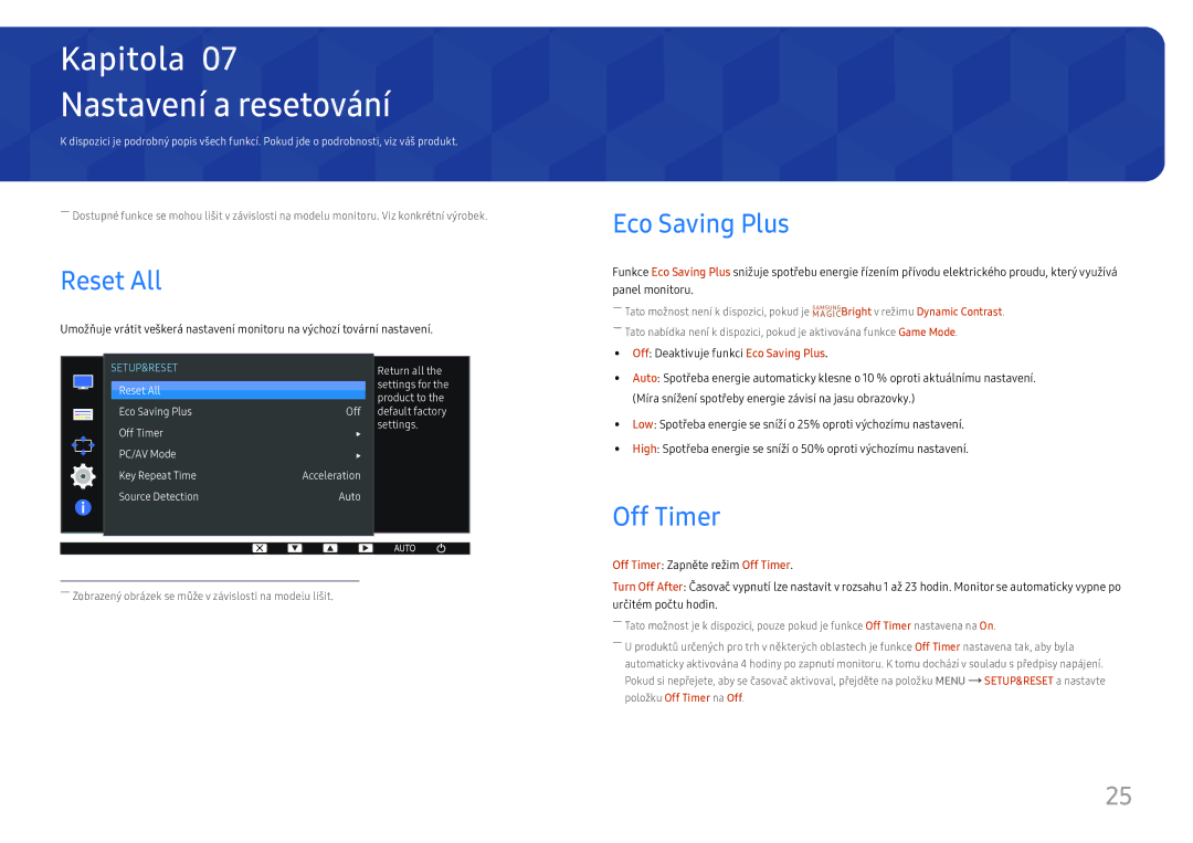Samsung LS24D330HSX/EN manual Nastavení a resetování, Reset All, Eco Saving Plus, Off Timer 