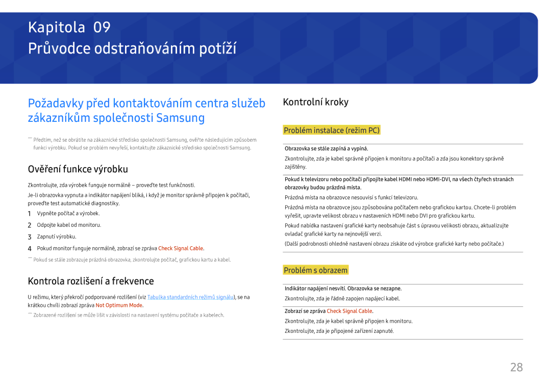 Samsung LS24D330HSX/EN manual Průvodce odstraňováním potíží, Ověření funkce výrobku, Kontrola rozlišení a frekvence 