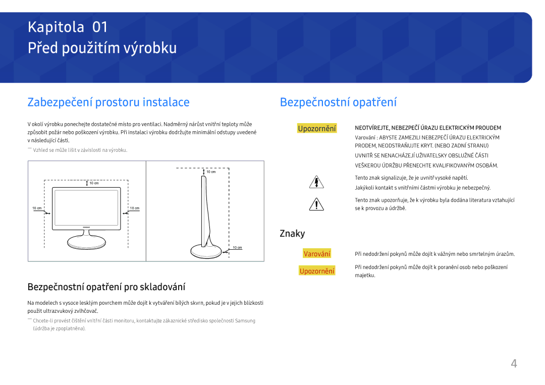 Samsung LS24D330HSX/EN manual Před použitím výrobku, Zabezpečení prostoru instalace, Bezpečnostní opatření, Znaky 