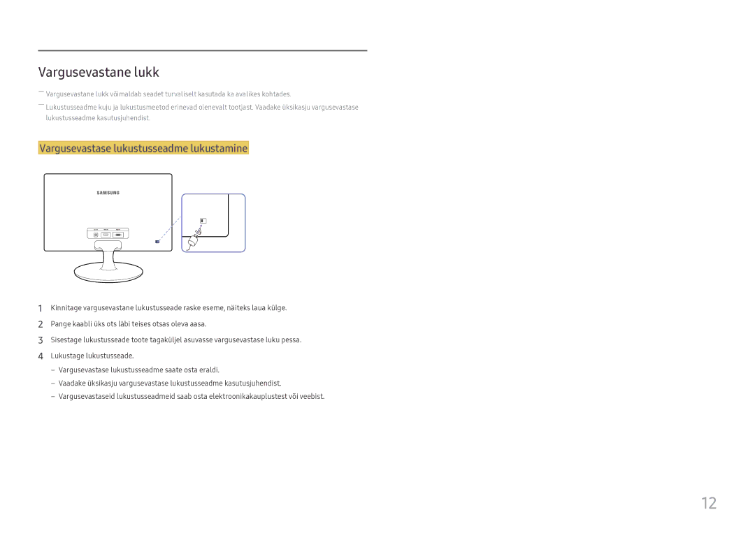 Samsung LS24D330HSX/EN manual Vargusevastane lukk, Vargusevastase lukustusseadme lukustamine 