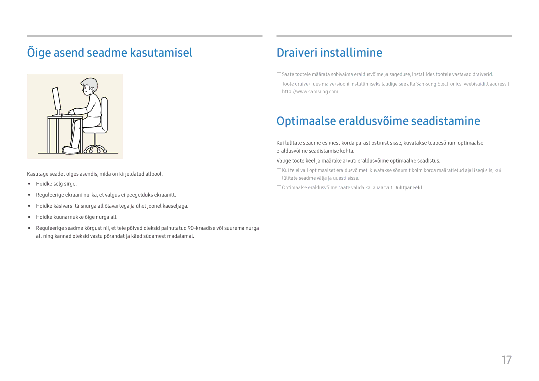 Samsung LS24D330HSX/EN manual Õige asend seadme kasutamisel, Optimaalse eraldusvõime seadistamine 