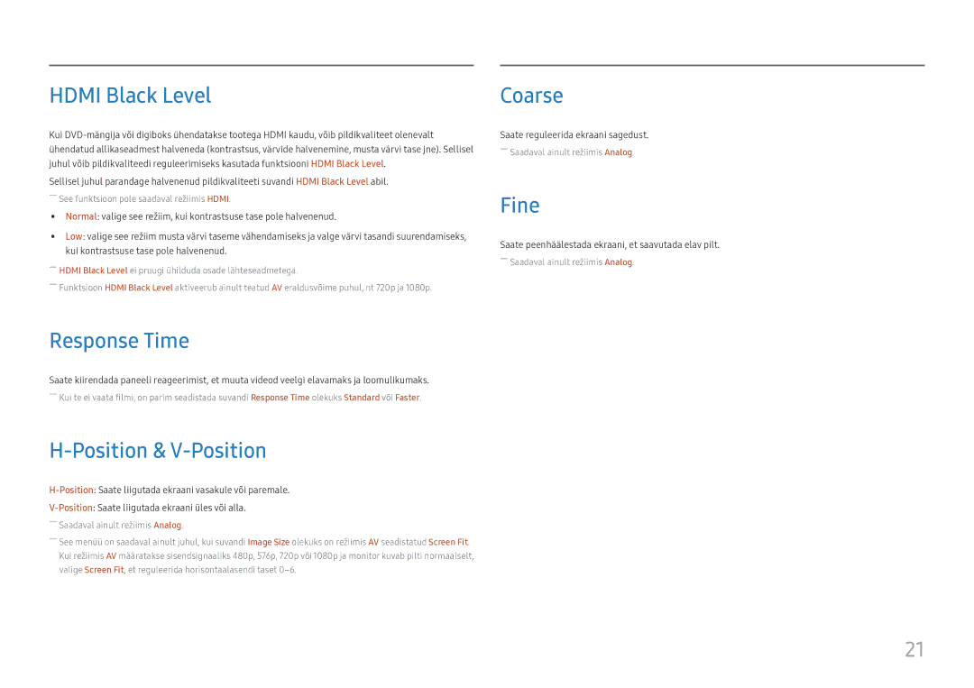 Samsung LS24D330HSX/EN manual Hdmi Black Level, Response Time, Position & V-Position, Coarse, Fine 