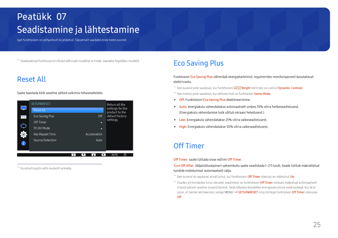 Samsung LS24D330HSX/EN manual Seadistamine ja lähtestamine, Reset All, Eco Saving Plus, Off Timer 