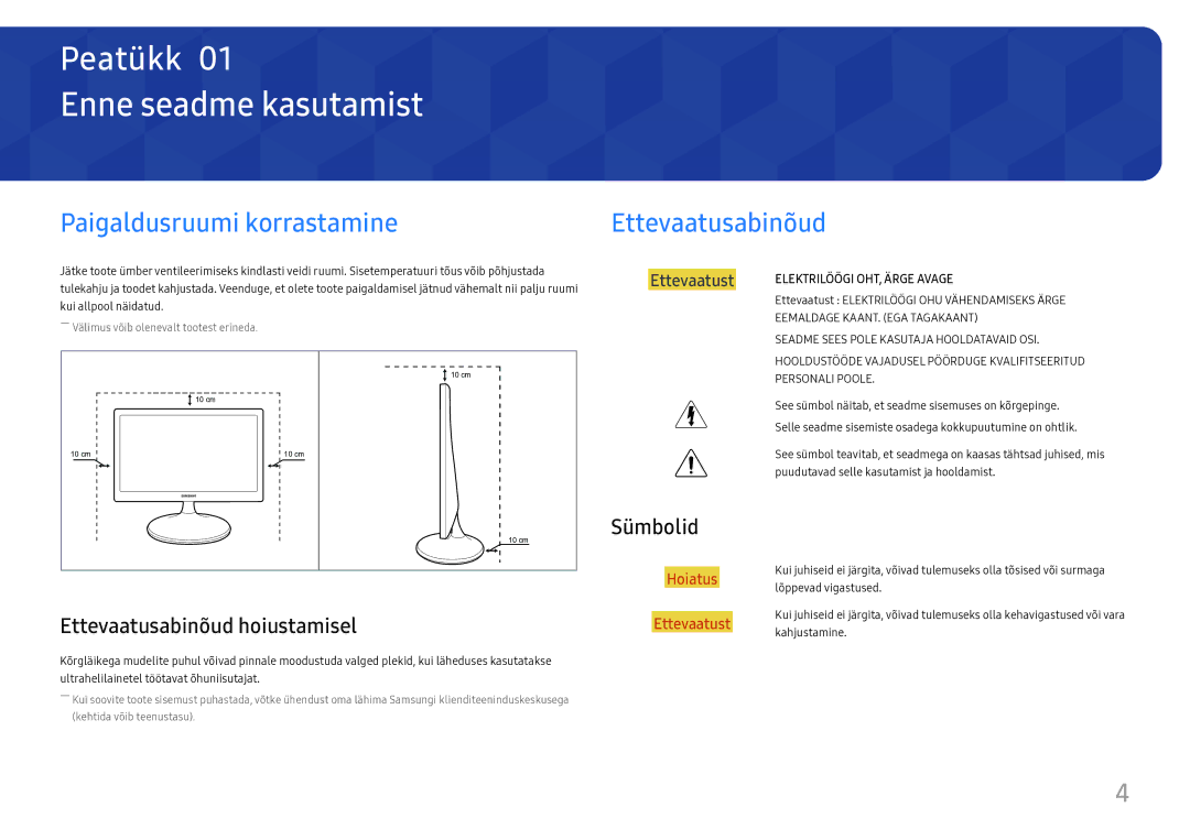 Samsung LS24D330HSX/EN manual Enne seadme kasutamist, Paigaldusruumi korrastamine Ettevaatusabinõud, Sümbolid 