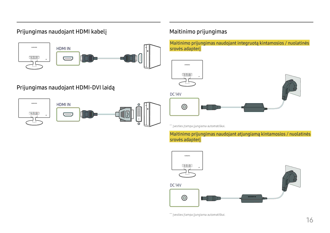 Samsung LS24D330HSX/EN Prijungimas naudojant Hdmi kabelį, Prijungimas naudojant HDMI-DVI laidą, Maitinimo prijungimas 