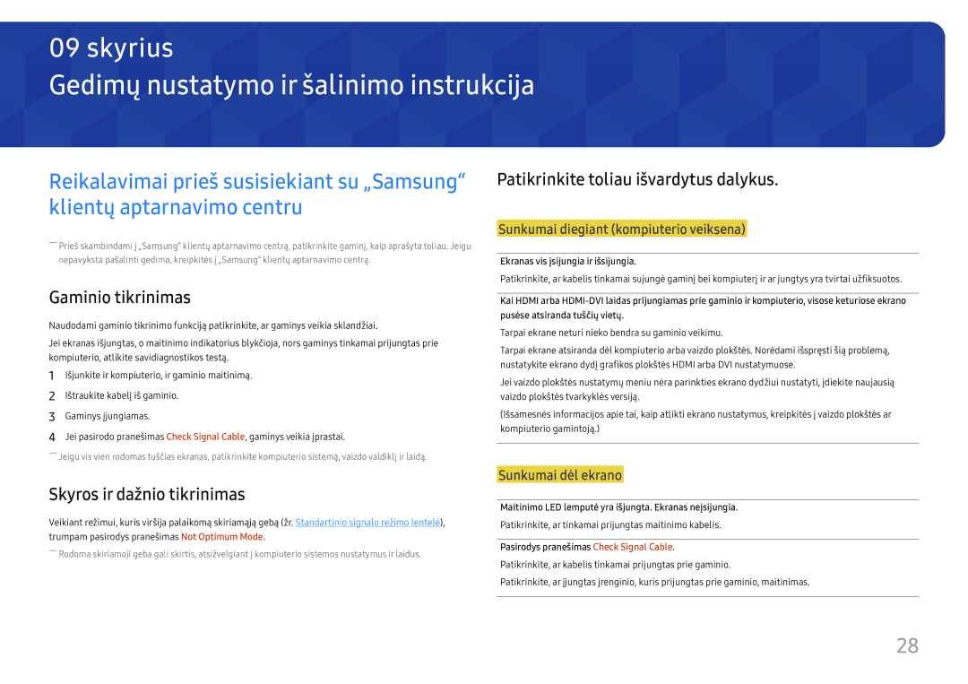 Samsung LS24D330HSX/EN manual Gedimų nustatymo ir šalinimo instrukcija, Patikrinkite toliau išvardytus dalykus 