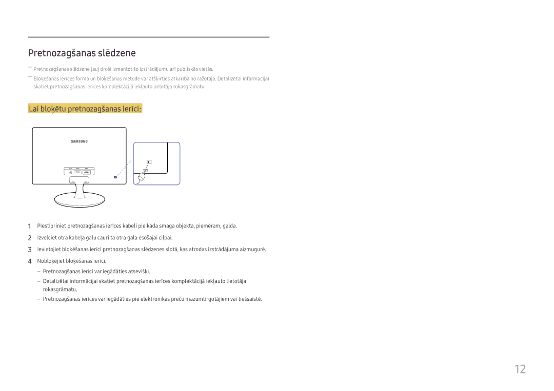 Samsung LS24D330HSX/EN manual Pretnozagšanas slēdzene, Lai bloķētu pretnozagšanas ierīci 