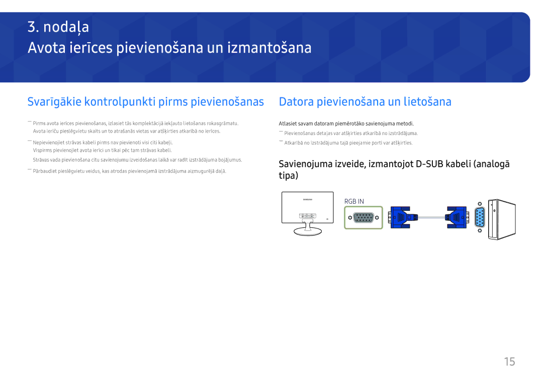 Samsung LS24D330HSX/EN manual Avota ierīces pievienošana un izmantošana, Datora pievienošana un lietošana 