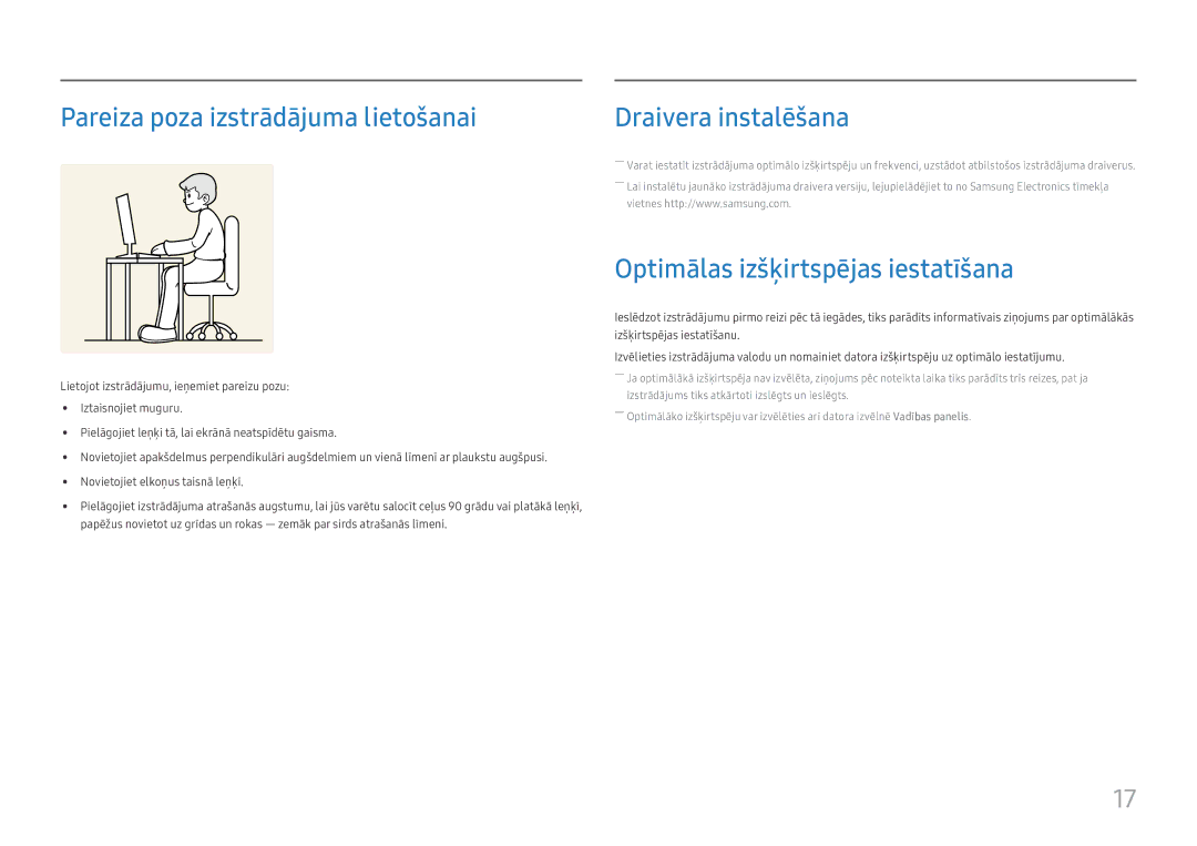 Samsung LS24D330HSX/EN Pareiza poza izstrādājuma lietošanai, Draivera instalēšana, Optimālas izšķirtspējas iestatīšana 