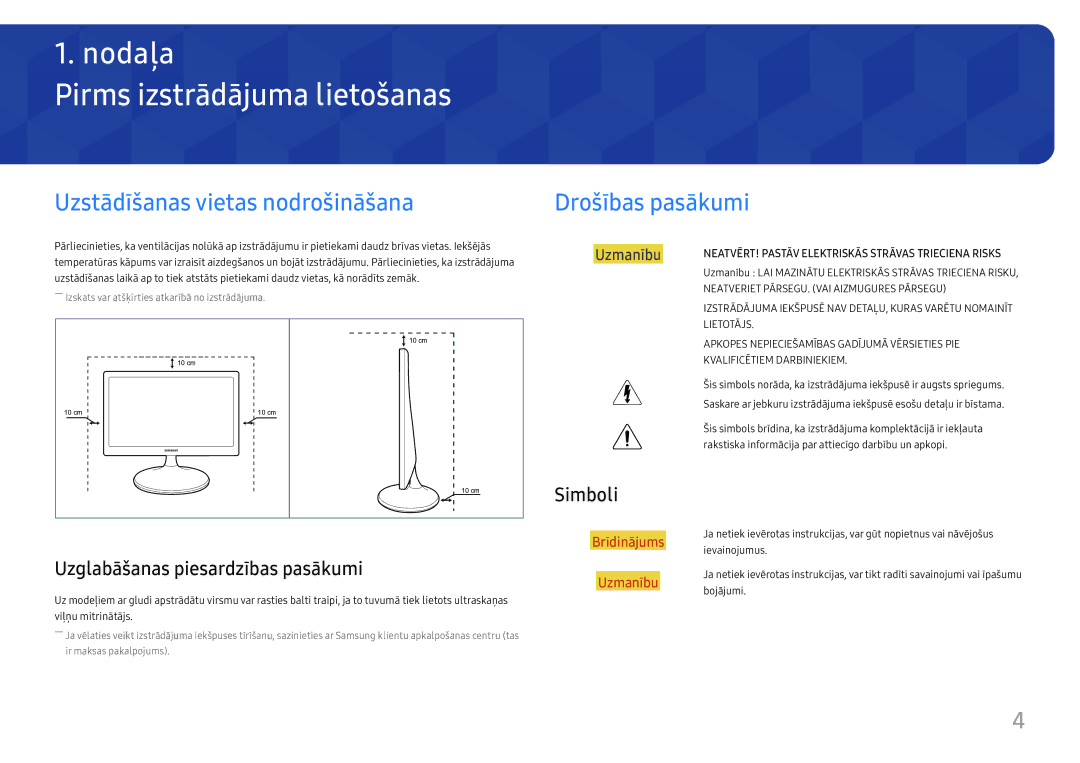 Samsung LS24D330HSX/EN manual Pirms izstrādājuma lietošanas, Uzstādīšanas vietas nodrošināšana, Drošības pasākumi, Simboli 