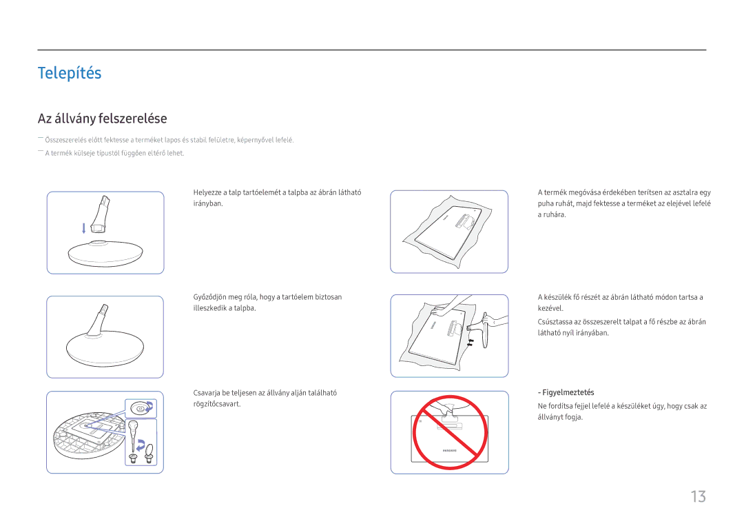 Samsung LS24D330HSX/EN manual Telepítés, Az állvány felszerelése 