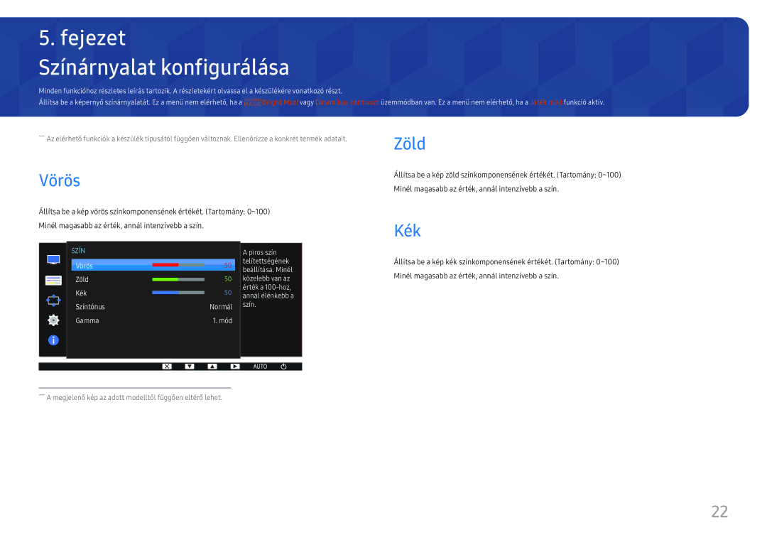 Samsung LS24D330HSX/EN manual Színárnyalat konfigurálása, Vörös, Zöld, Kék 