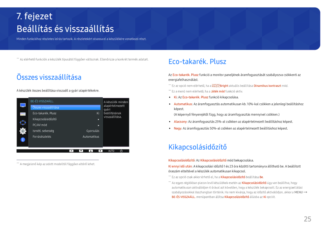 Samsung LS24D330HSX/EN manual Beállítás és visszaállítás, Összes visszaállítása, Eco-takarék. Plusz, Kikapcsolásidőzítő 