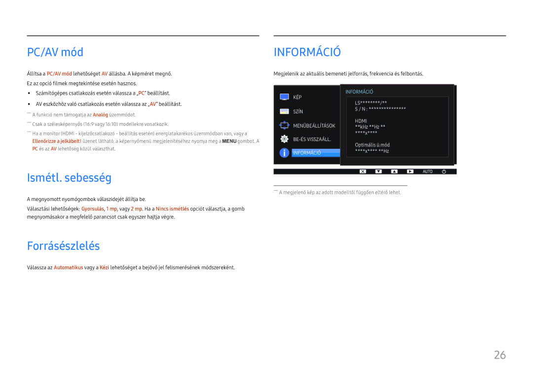 Samsung LS24D330HSX/EN manual PC/AV mód, Ismétl. sebesség, Forrásészlelés 