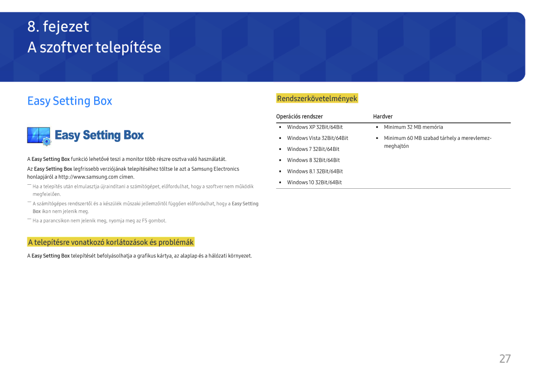 Samsung LS24D330HSX/EN manual Szoftver telepítése, Easy Setting Box 