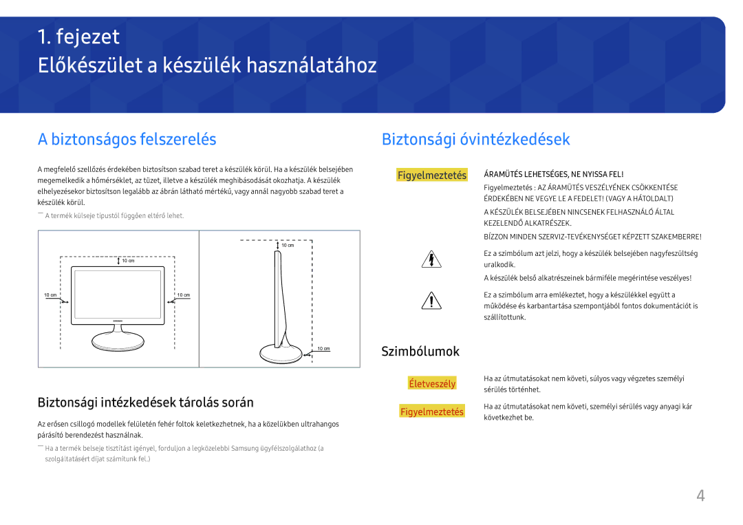 Samsung LS24D330HSX/EN manual Előkészület a készülék használatához, Biztonságos felszerelés Biztonsági óvintézkedések 