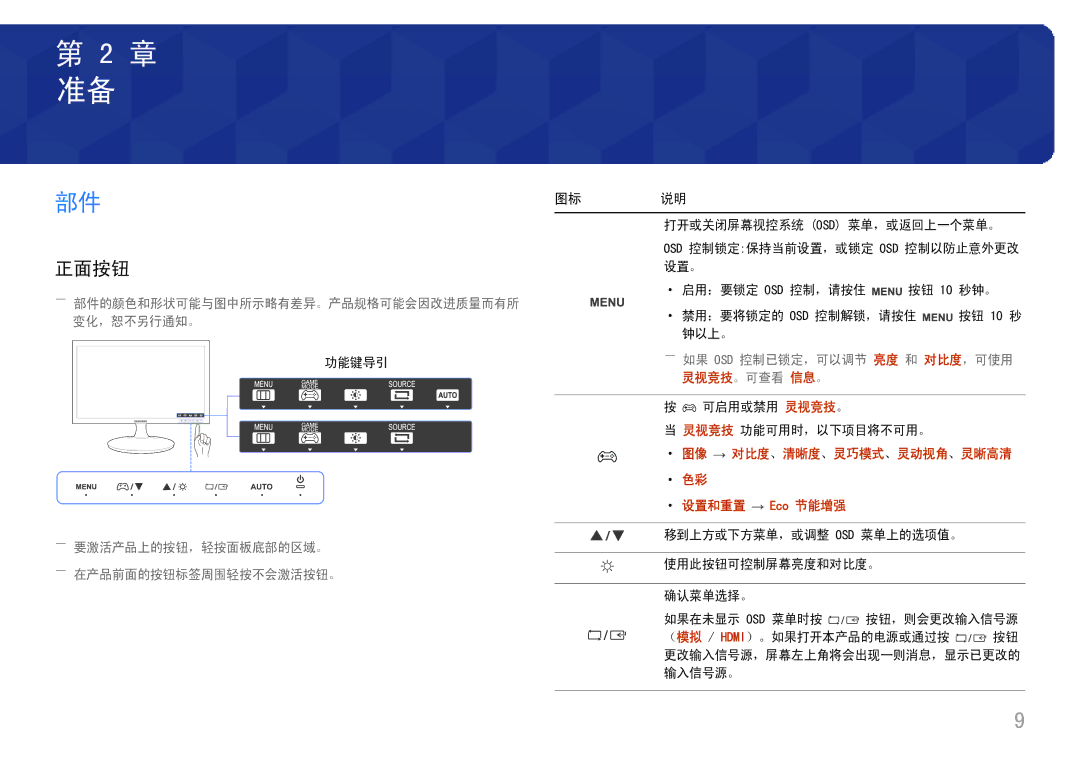 Samsung LS24D330HSX/EN manual 正面按钮, ··设置和重置 Eco 节能增强 