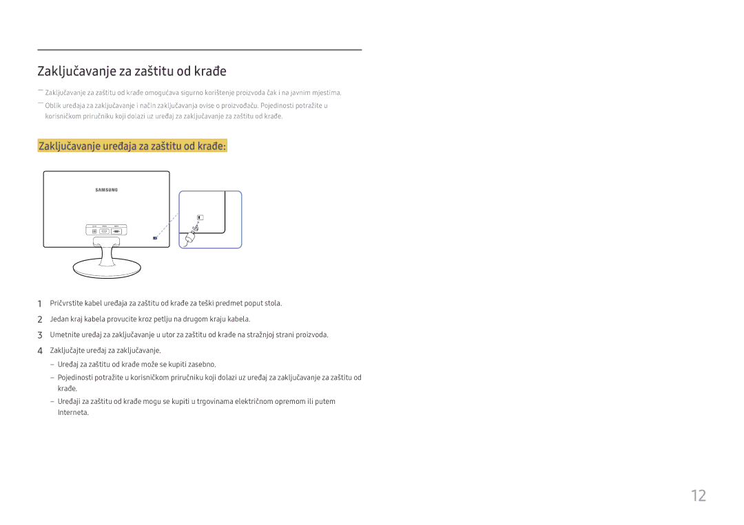 Samsung LS24D330HSX/EN manual Zaključavanje za zaštitu od krađe, Zaključavanje uređaja za zaštitu od krađe 