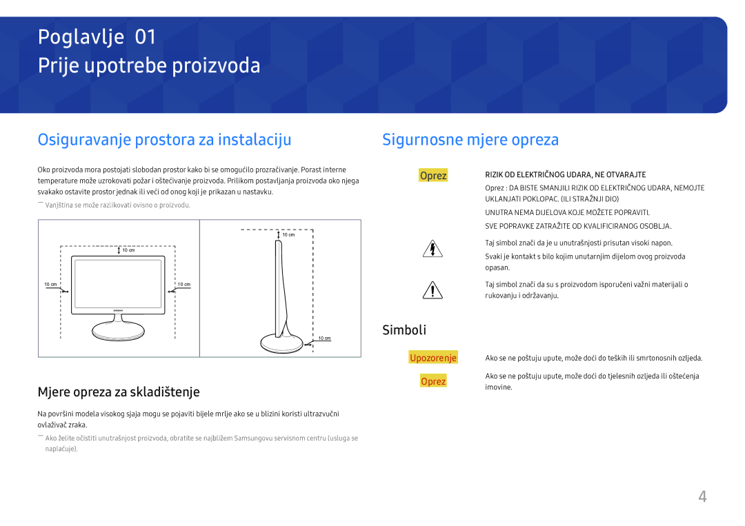 Samsung LS24D330HSX/EN Prije upotrebe proizvoda, Osiguravanje prostora za instalaciju, Sigurnosne mjere opreza, Simboli 