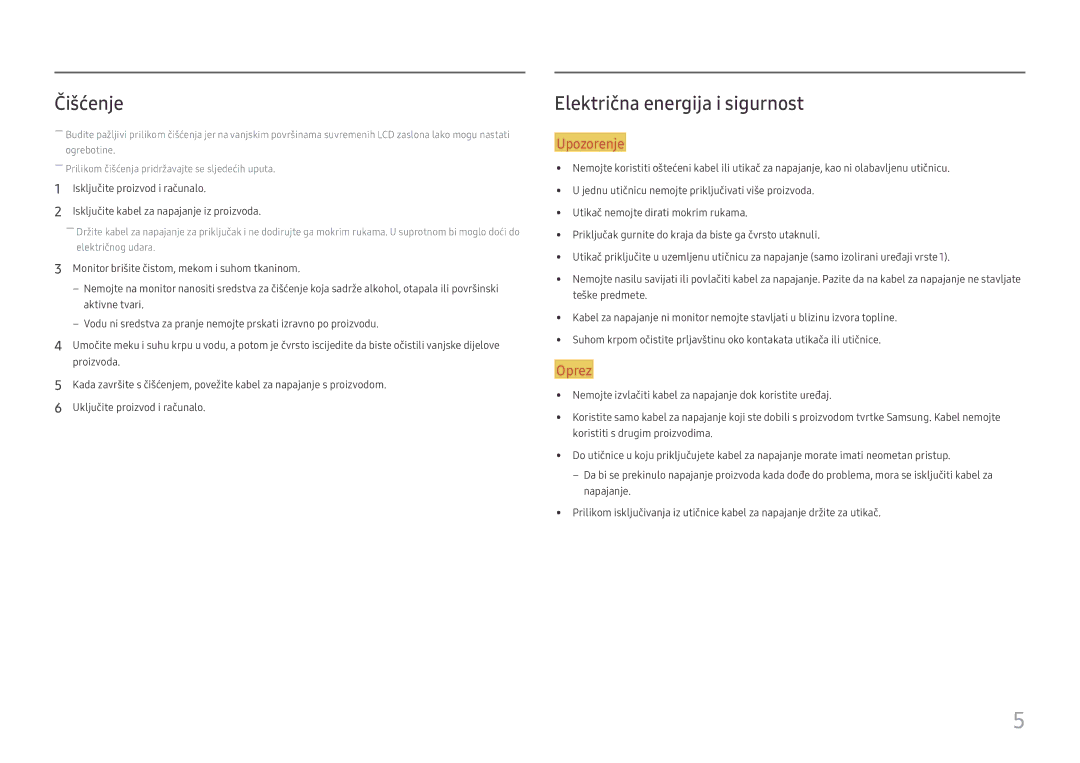 Samsung LS24D330HSX/EN manual Čišćenje, Električna energija i sigurnost 